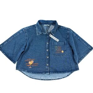 NWT Solitaire Blue Denim Aperol Spritz Embroidered Button Down Shirt Size XL